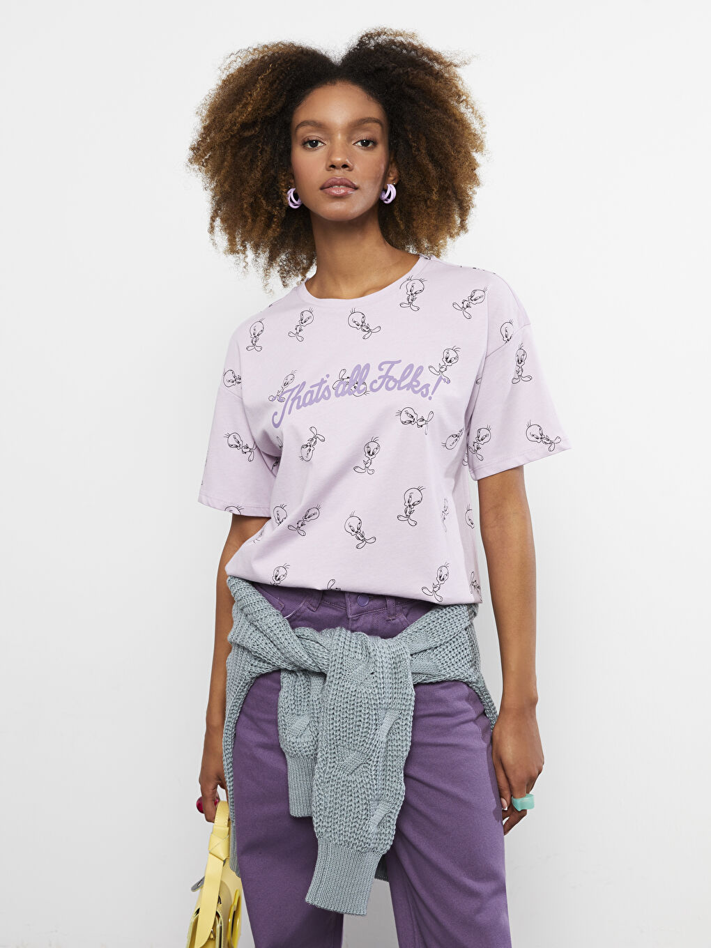 Lila Bisiklet Yaka Tweety Baskılı Kısa Kollu Pamuklu Kadın Tişört-1