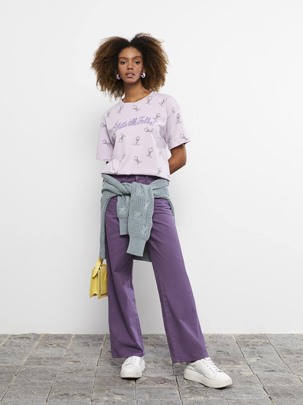 Lila Bisiklet Yaka Tweety Baskılı Kısa Kollu Pamuklu Kadın Tişört-2