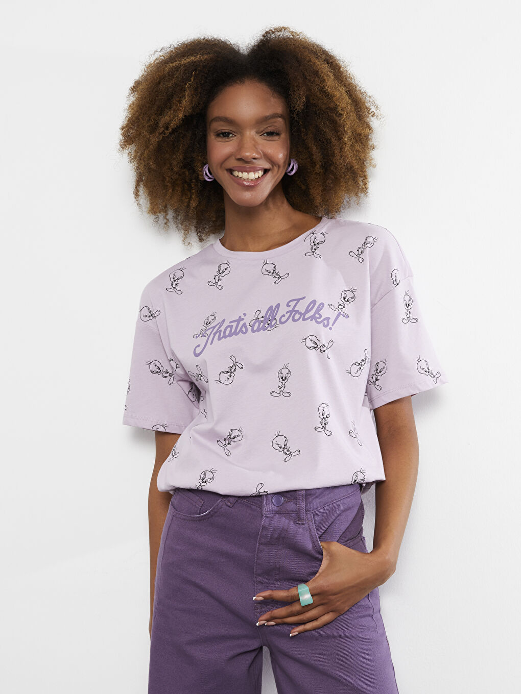 Lila Bisiklet Yaka Tweety Baskılı Kısa Kollu Pamuklu Kadın Tişört-3