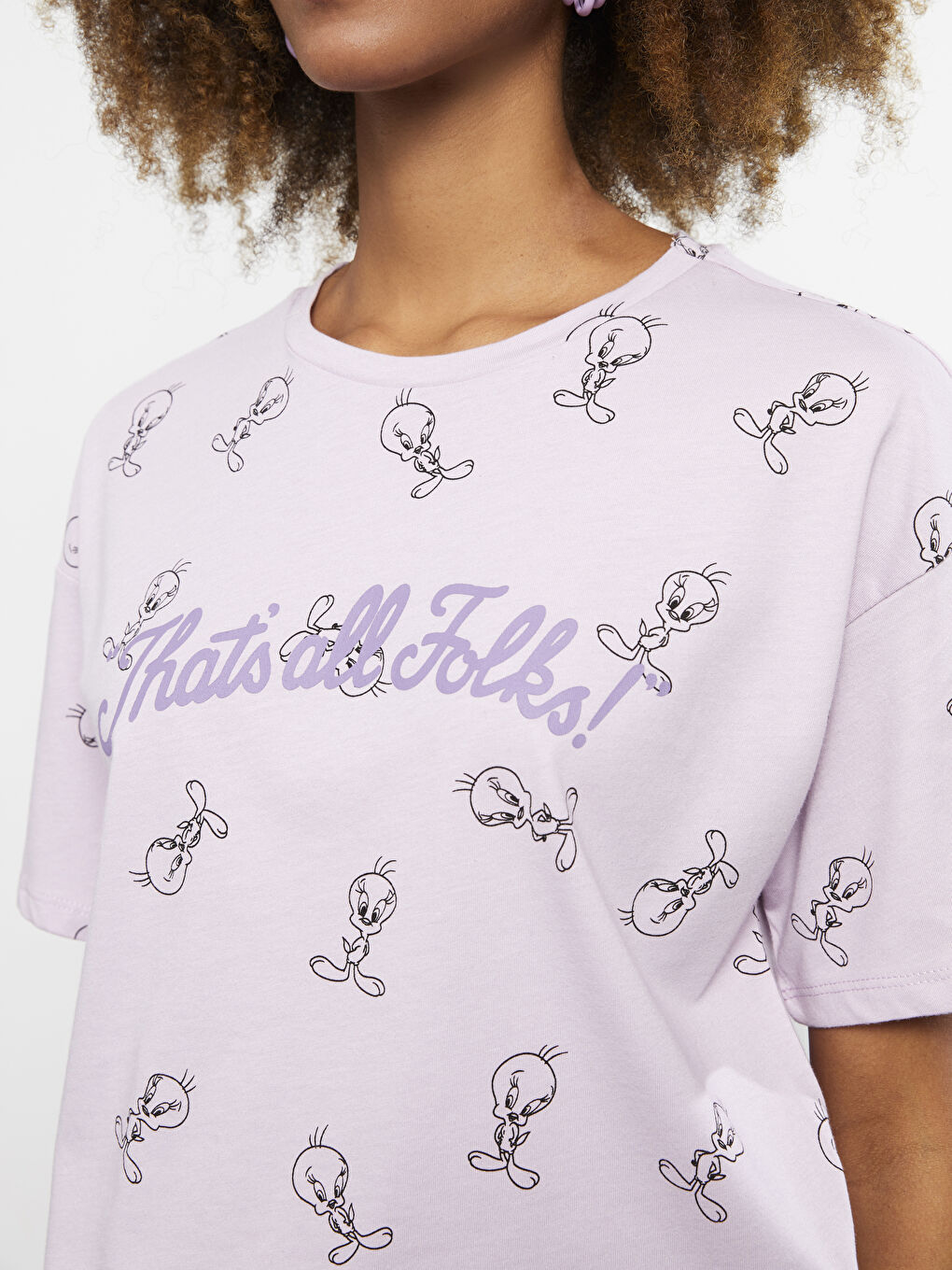 Lila Bisiklet Yaka Tweety Baskılı Kısa Kollu Pamuklu Kadın Tişört-4