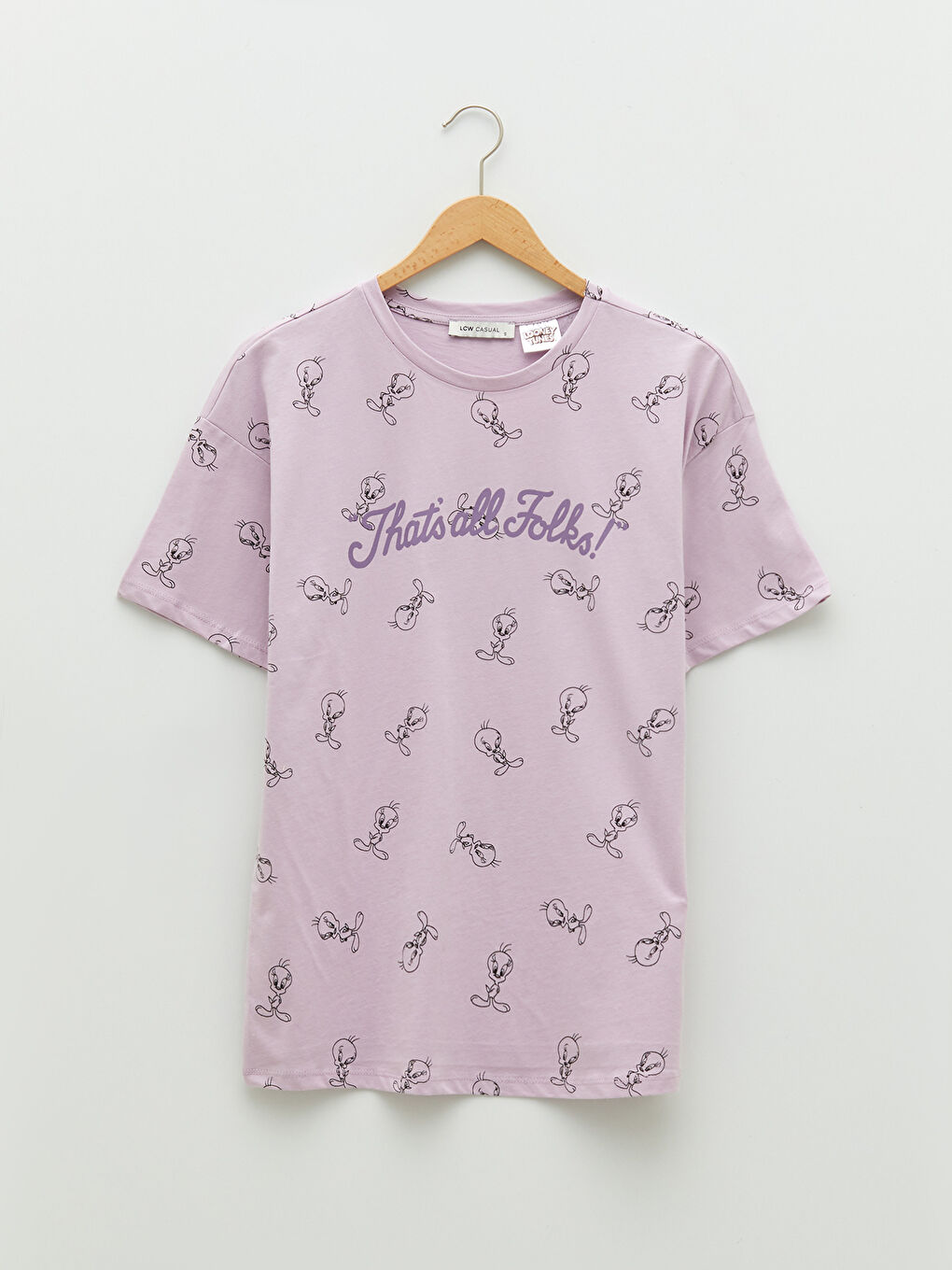 Lila Bisiklet Yaka Tweety Baskılı Kısa Kollu Pamuklu Kadın Tişört-6