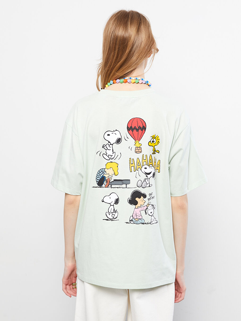 تيشيرت قطن كم قصير مطبوع بياقة دائرية للسيدات سنوبي-4