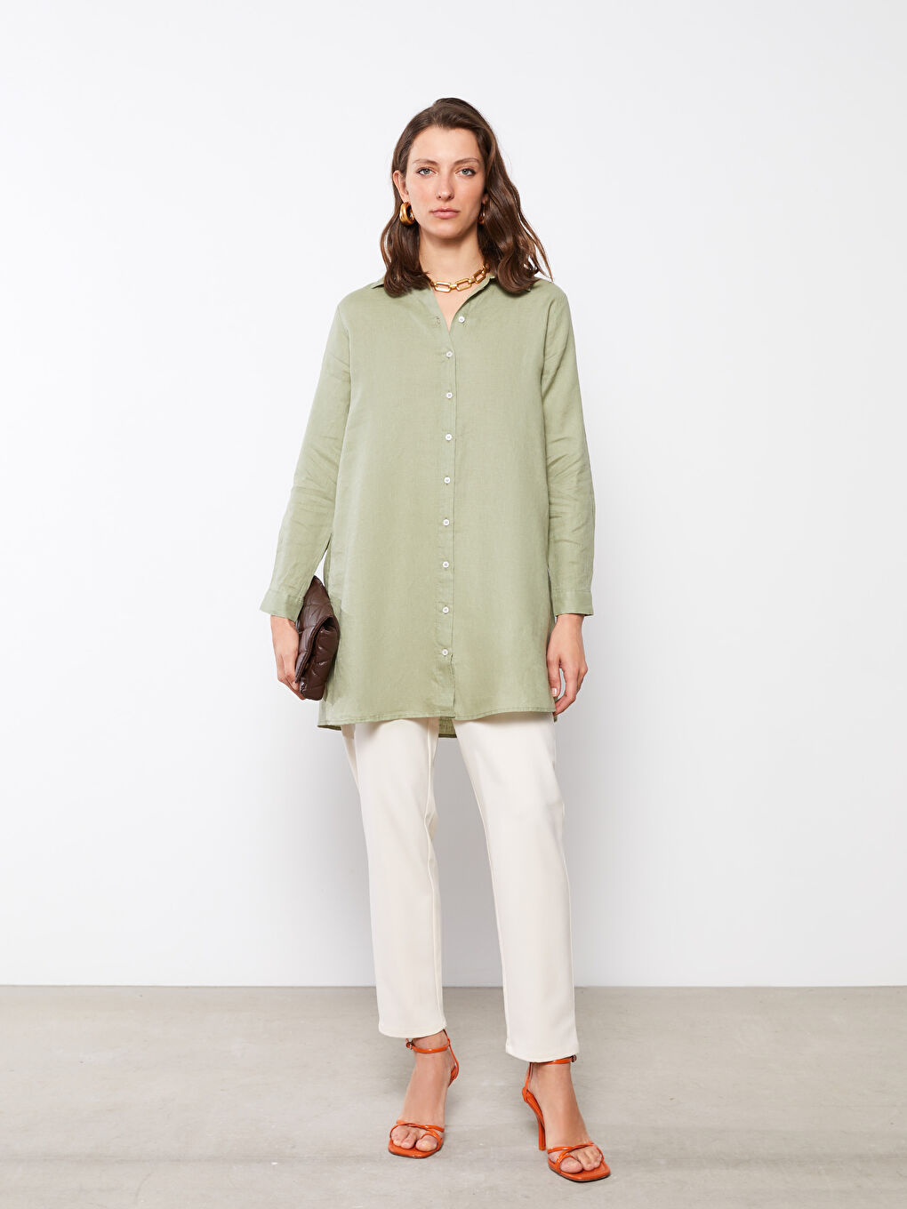 Yeşil %100 Keten Kadın Gömlek Tunik