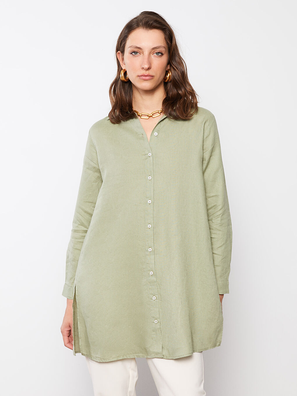 Yeşil %100 Keten Kadın Gömlek Tunik-1