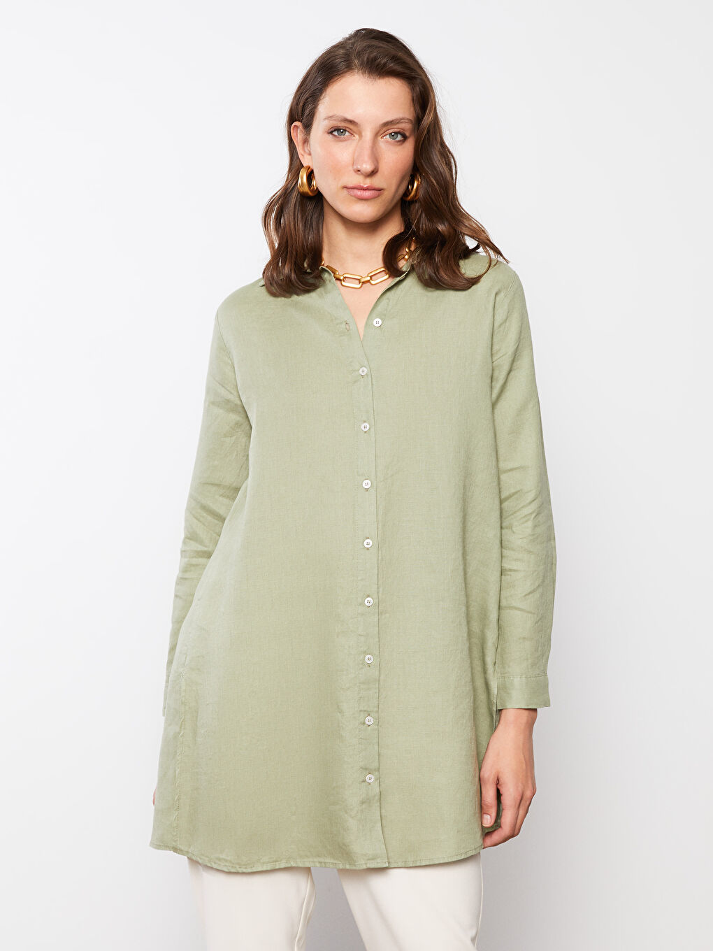 Yeşil %100 Keten Kadın Gömlek Tunik-2
