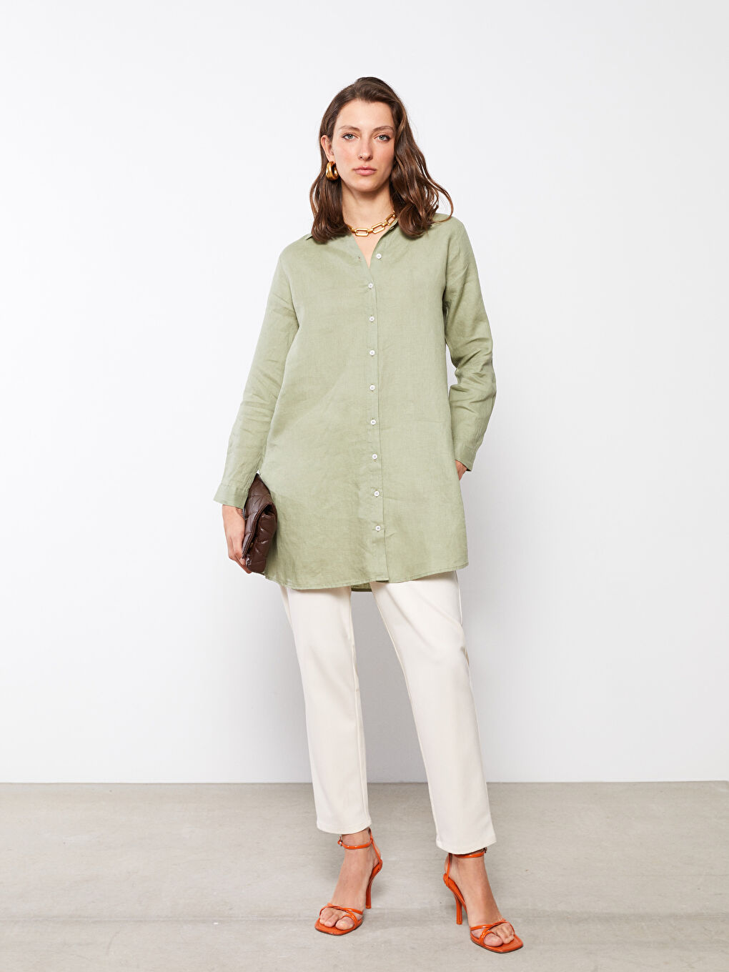 Yeşil %100 Keten Kadın Gömlek Tunik-3