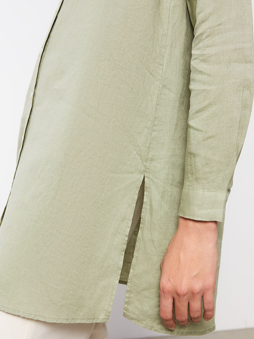 Yeşil %100 Keten Kadın Gömlek Tunik-4