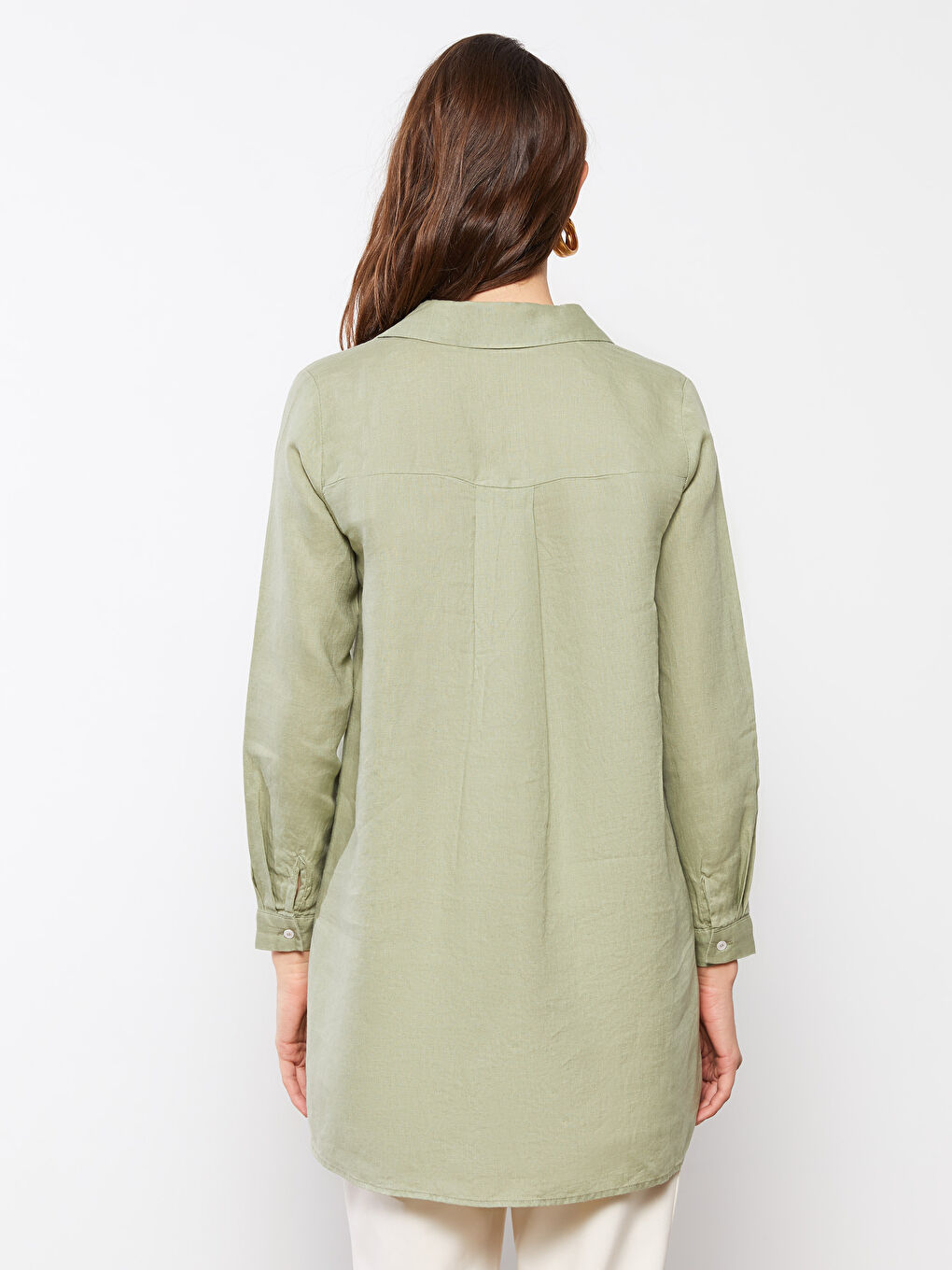 Yeşil %100 Keten Kadın Gömlek Tunik-5