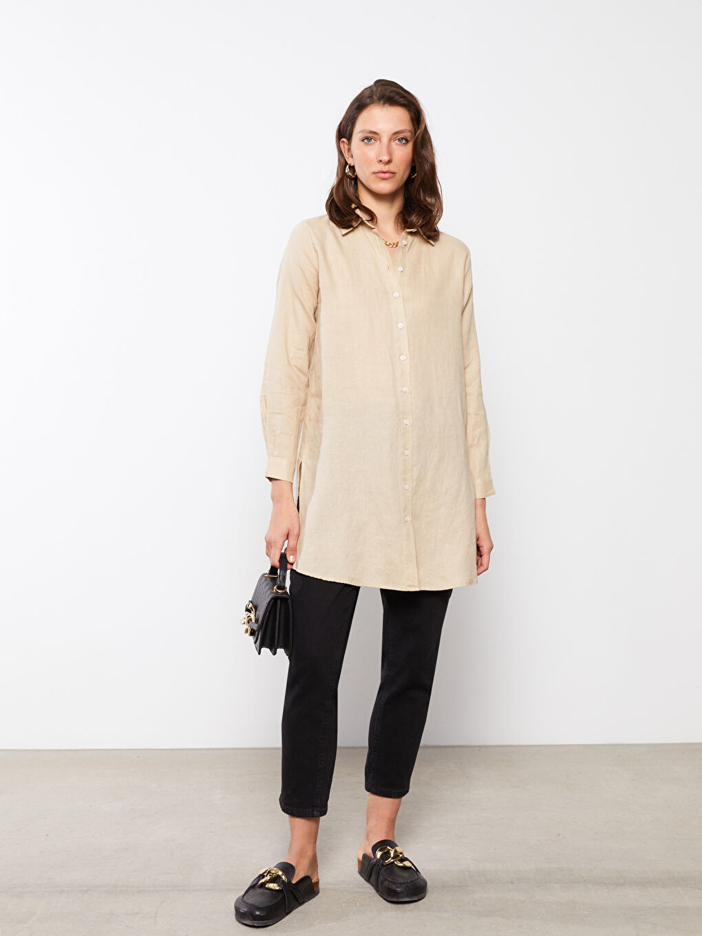 Bej %100 Keten Kadın Gömlek Tunik