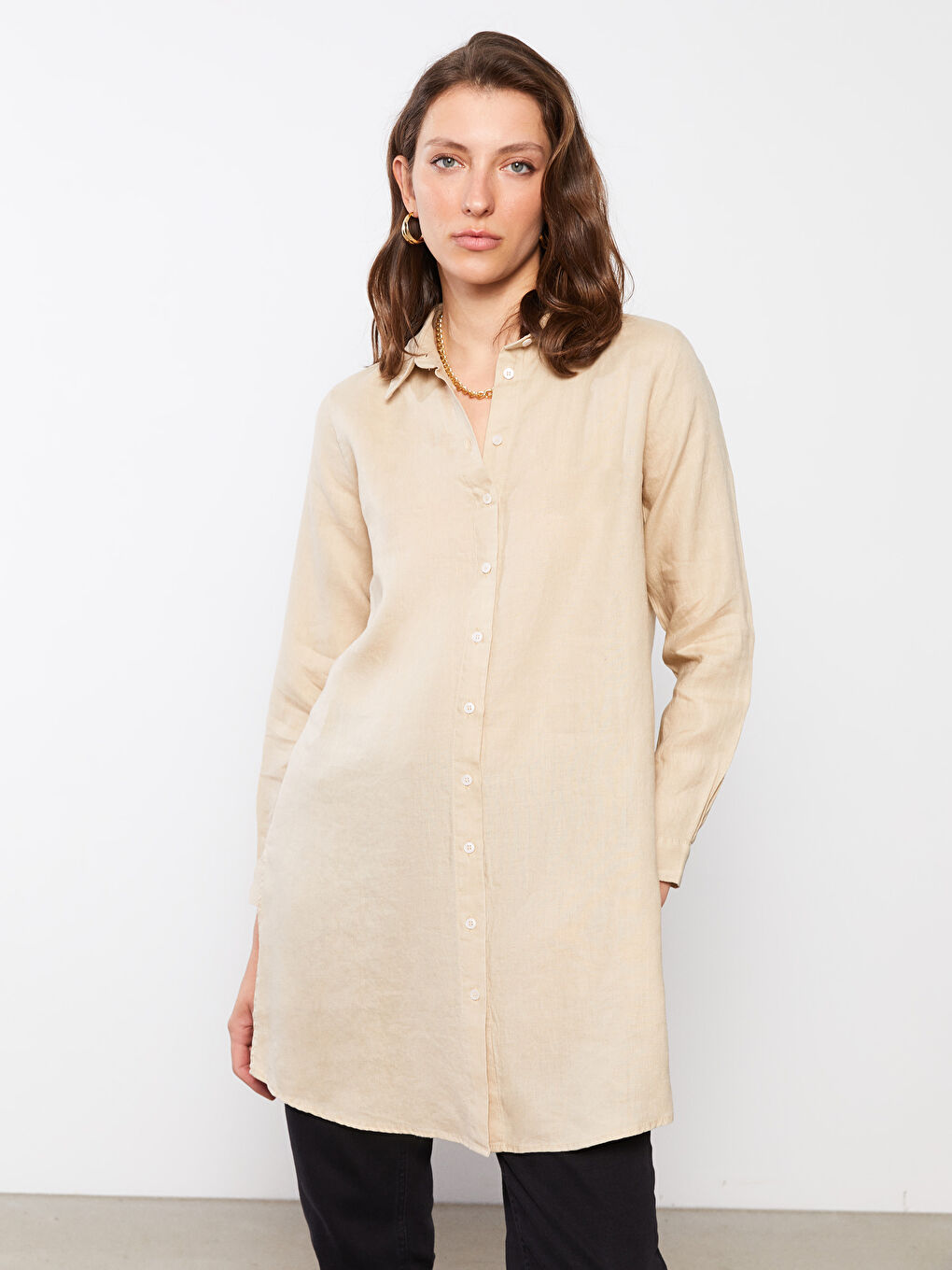Bej %100 Keten Kadın Gömlek Tunik-1