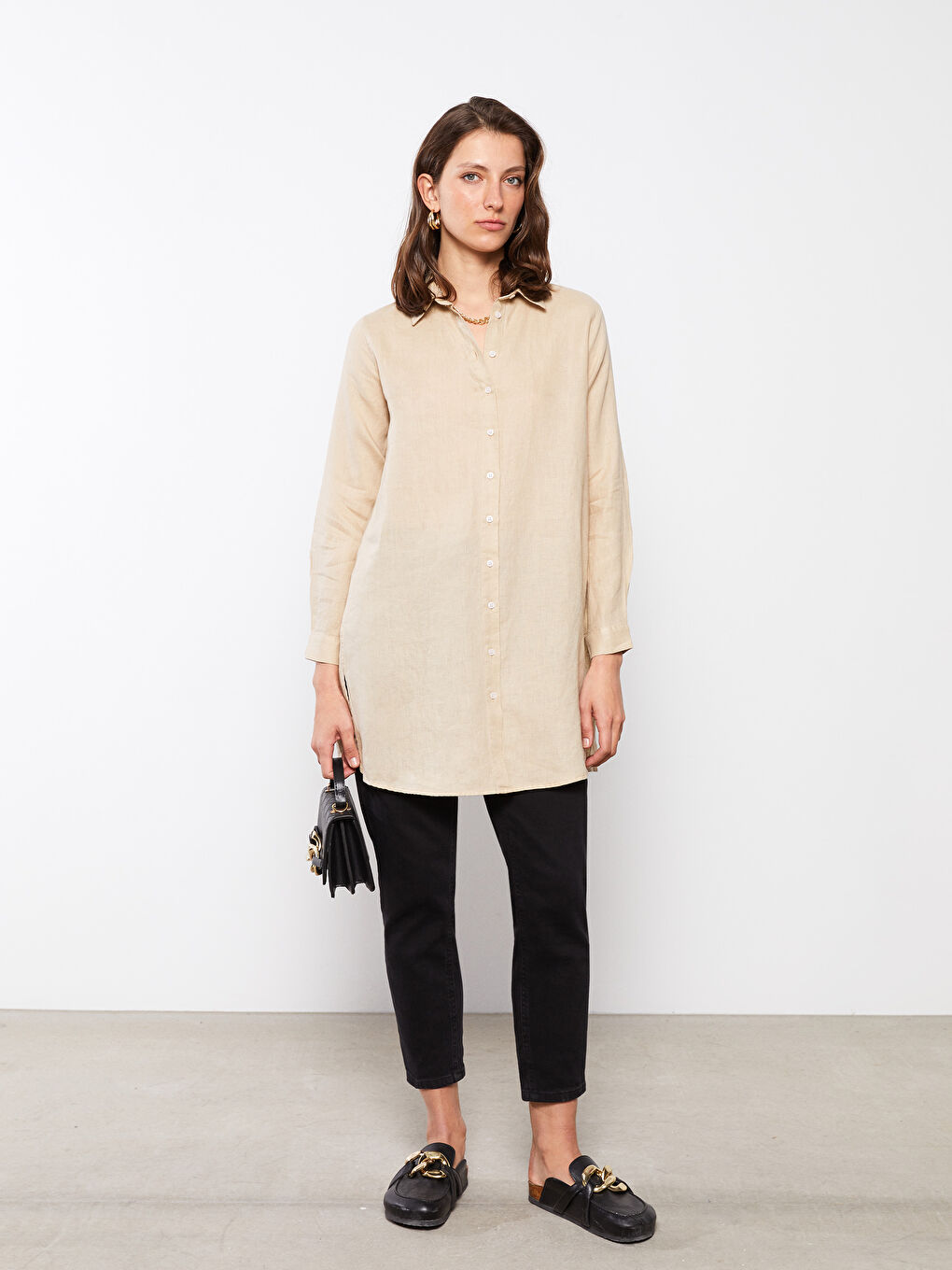 Bej %100 Keten Kadın Gömlek Tunik-3