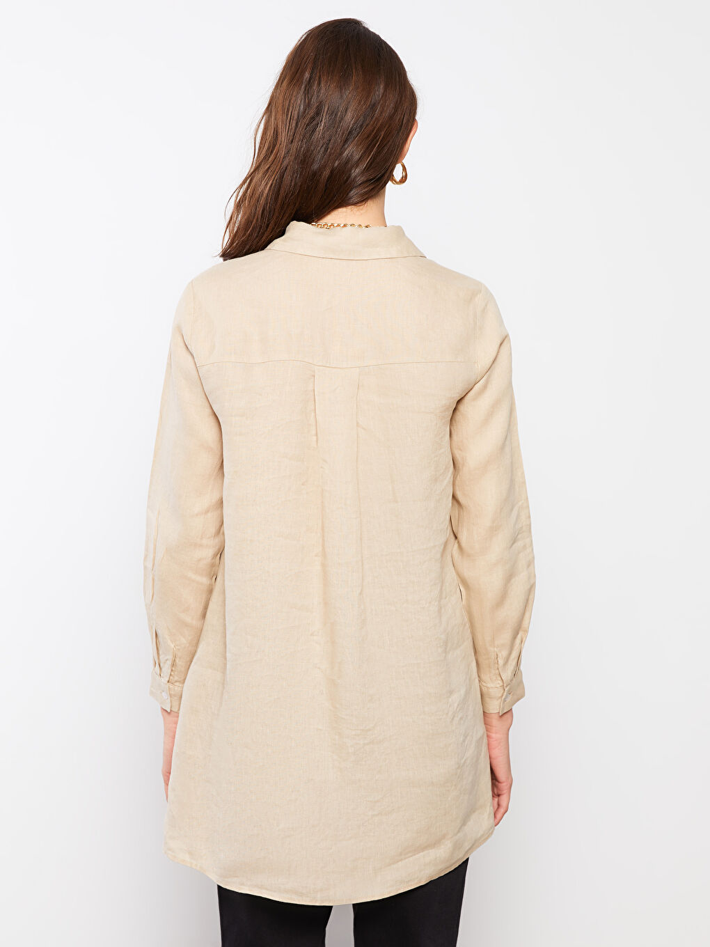 Bej %100 Keten Kadın Gömlek Tunik-5