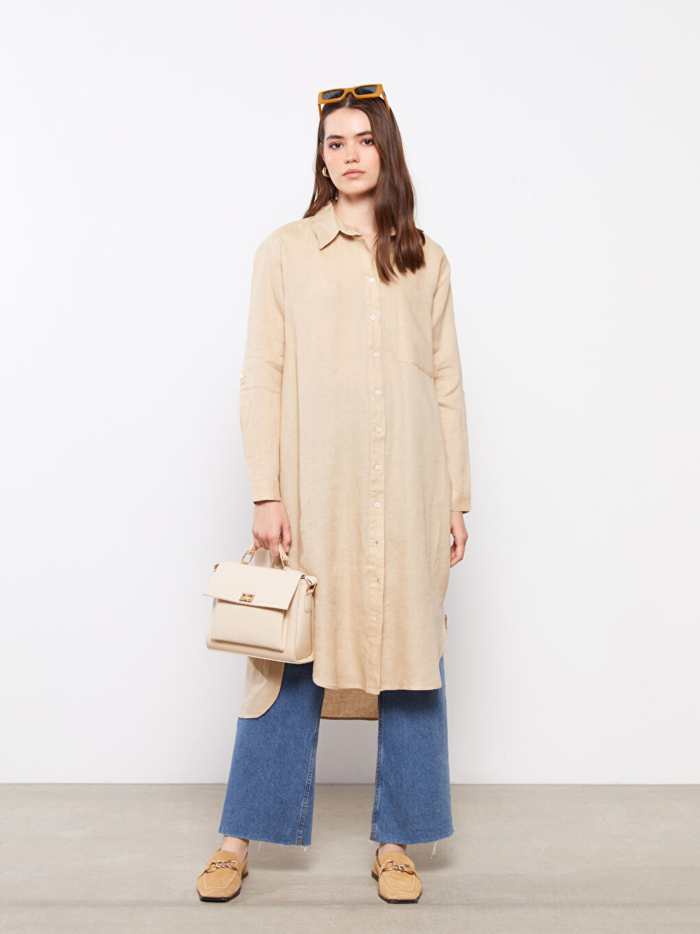 Bej %100 Keten Kadın Gömlek Tunik