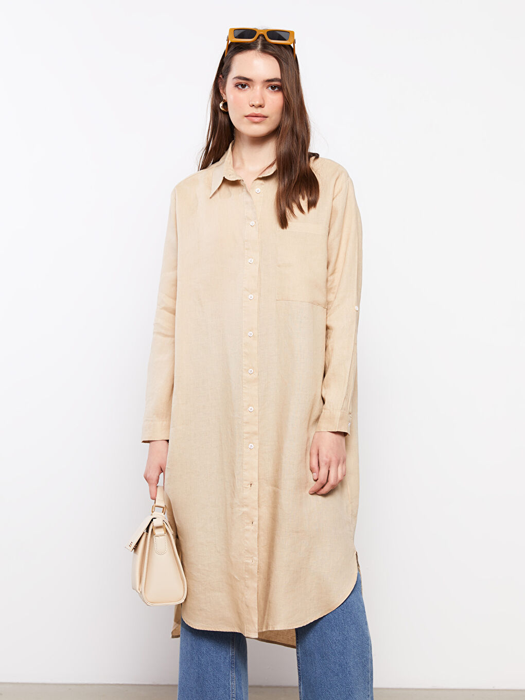 Bej %100 Keten Kadın Gömlek Tunik-1