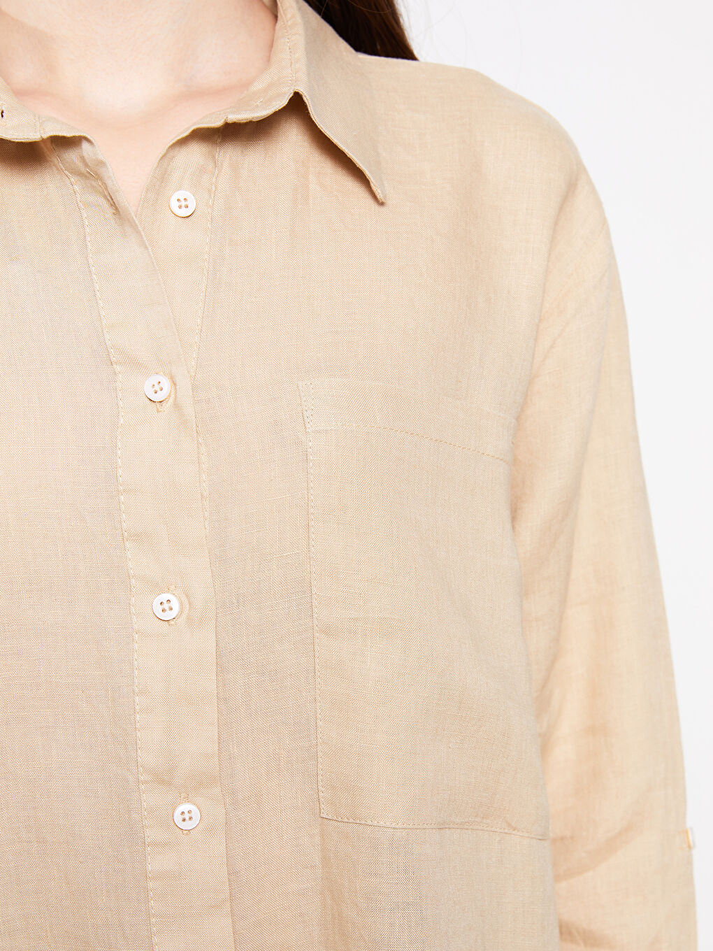 Bej %100 Keten Kadın Gömlek Tunik-2