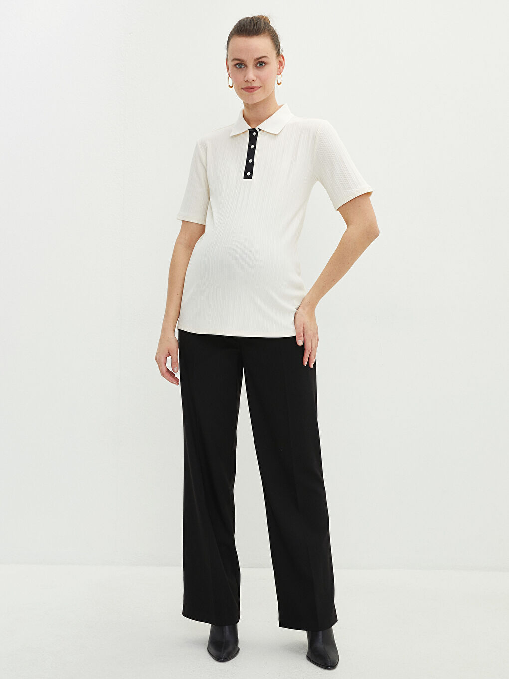 Ekru Polo Yaka Düz Kısa Kollu Hamile Tişört-2