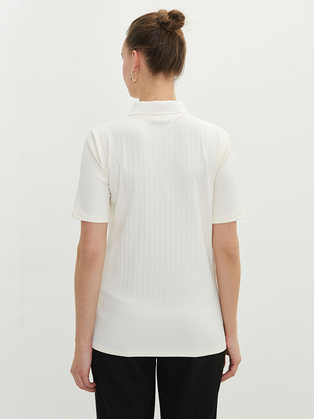 Ekru Polo Yaka Düz Kısa Kollu Hamile Tişört-4