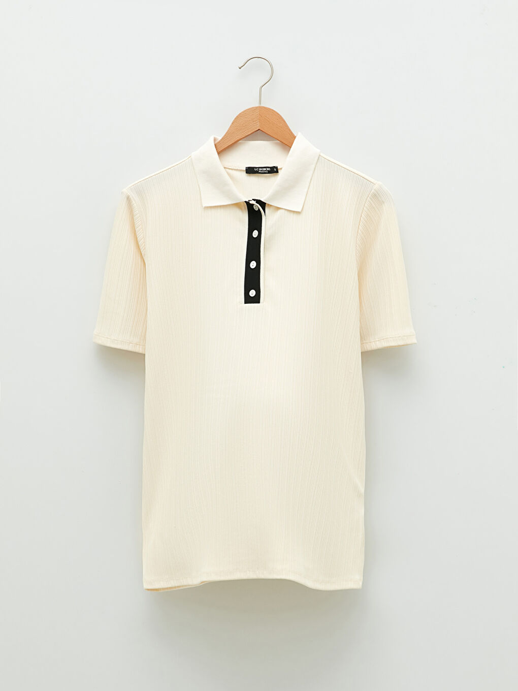 Ekru Polo Yaka Düz Kısa Kollu Hamile Tişört-5