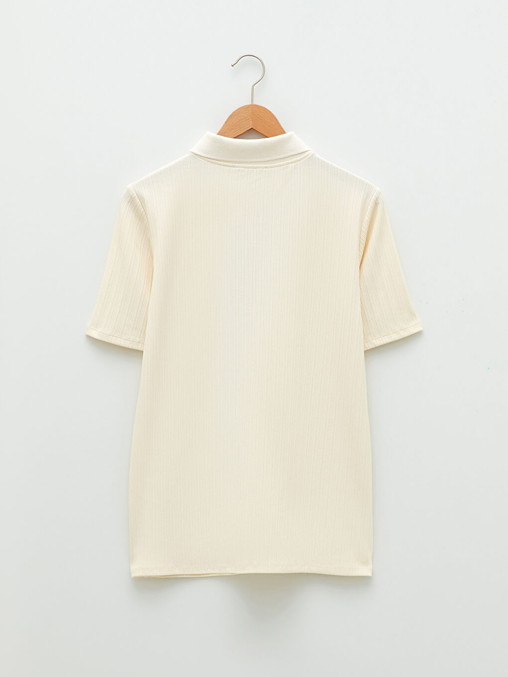 Ekru Polo Yaka Düz Kısa Kollu Hamile Tişört-6