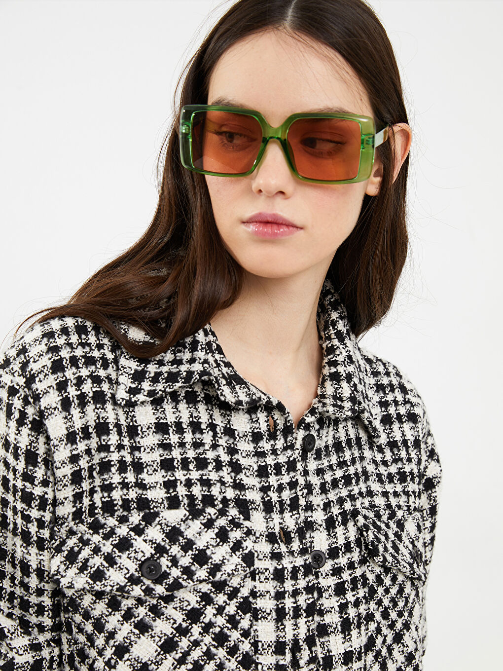 Shirt Neck Plaid Long Sleeve Women's Jacket-3