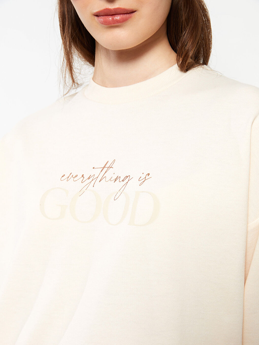 Ekru Bisiklet Yaka Yazı Baskılı Uzun Kollu Oversize Kadın Sweatshirt Tunik-3