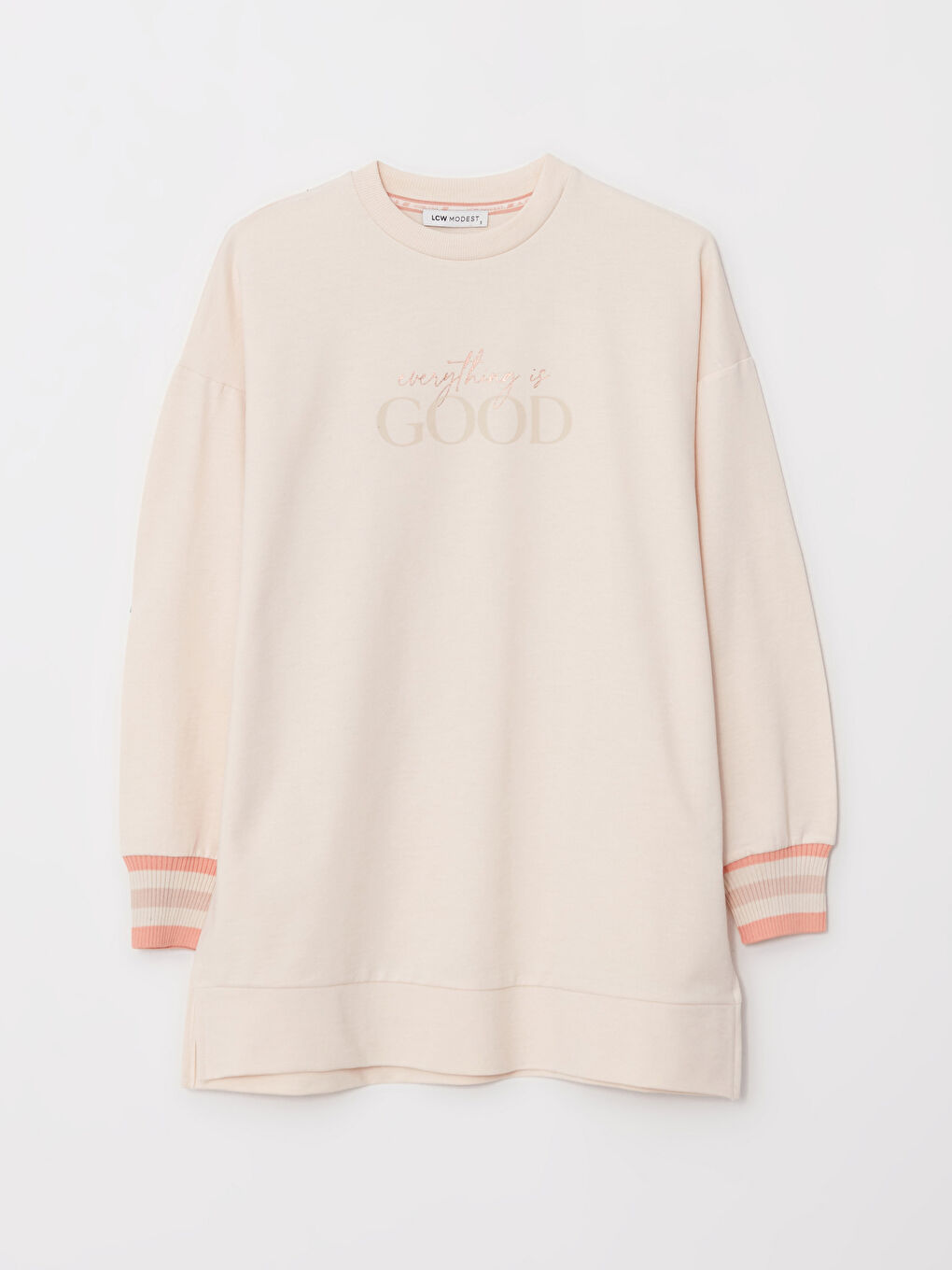 Ekru Bisiklet Yaka Yazı Baskılı Uzun Kollu Oversize Kadın Sweatshirt Tunik-5