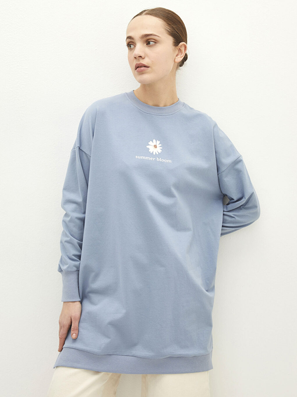 Mavi Bisiklet Yaka Baskılı Uzun Kollu Kadın Sweatshirt Tunik