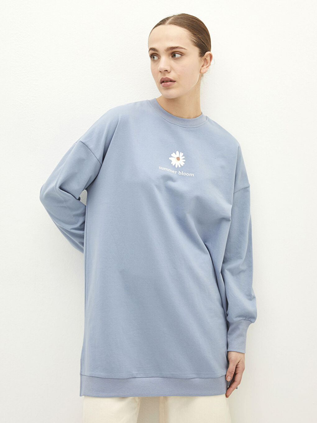 Mavi Bisiklet Yaka Baskılı Uzun Kollu Kadın Sweatshirt Tunik-1