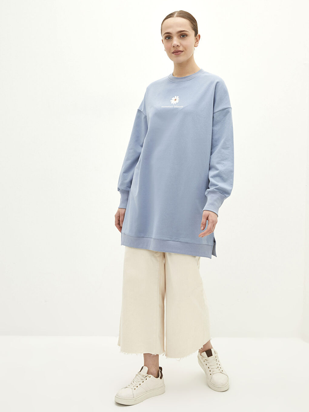 Mavi Bisiklet Yaka Baskılı Uzun Kollu Kadın Sweatshirt Tunik-2