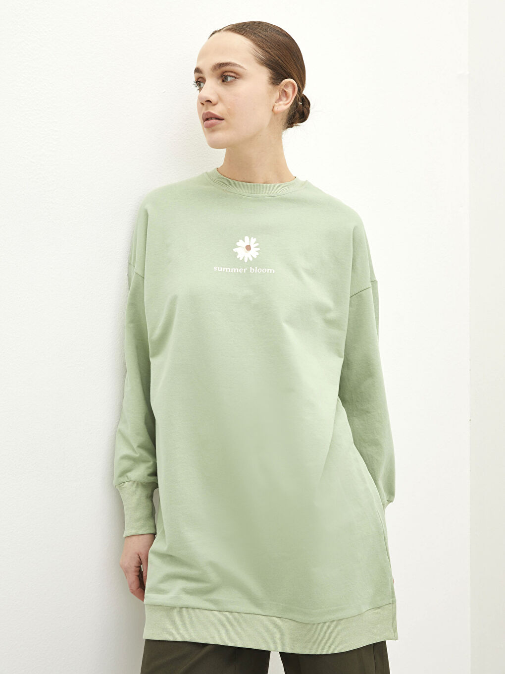 Yeşil Bisiklet Yaka Baskılı Uzun Kollu Kadın Sweatshirt Tunik