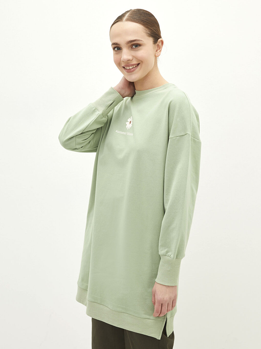 Yeşil Bisiklet Yaka Baskılı Uzun Kollu Kadın Sweatshirt Tunik-1