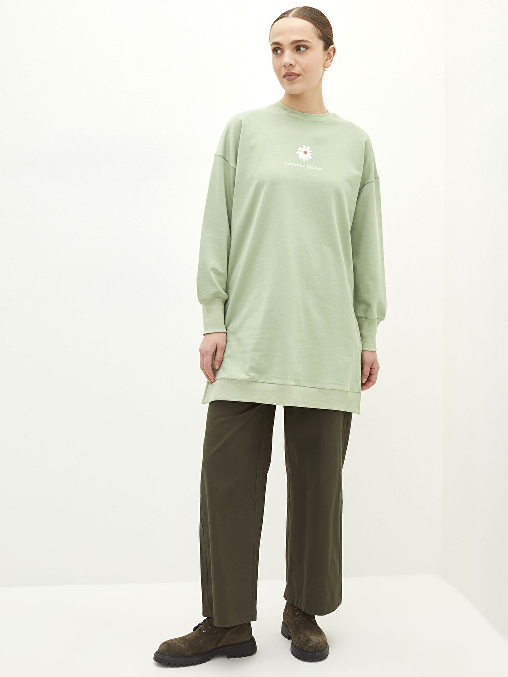 Yeşil Bisiklet Yaka Baskılı Uzun Kollu Kadın Sweatshirt Tunik-2