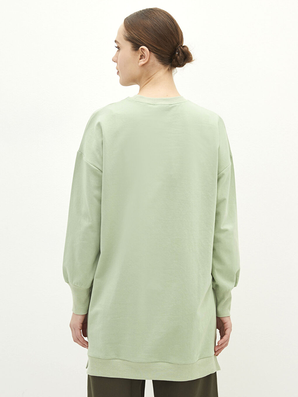 Yeşil Bisiklet Yaka Baskılı Uzun Kollu Kadın Sweatshirt Tunik-4