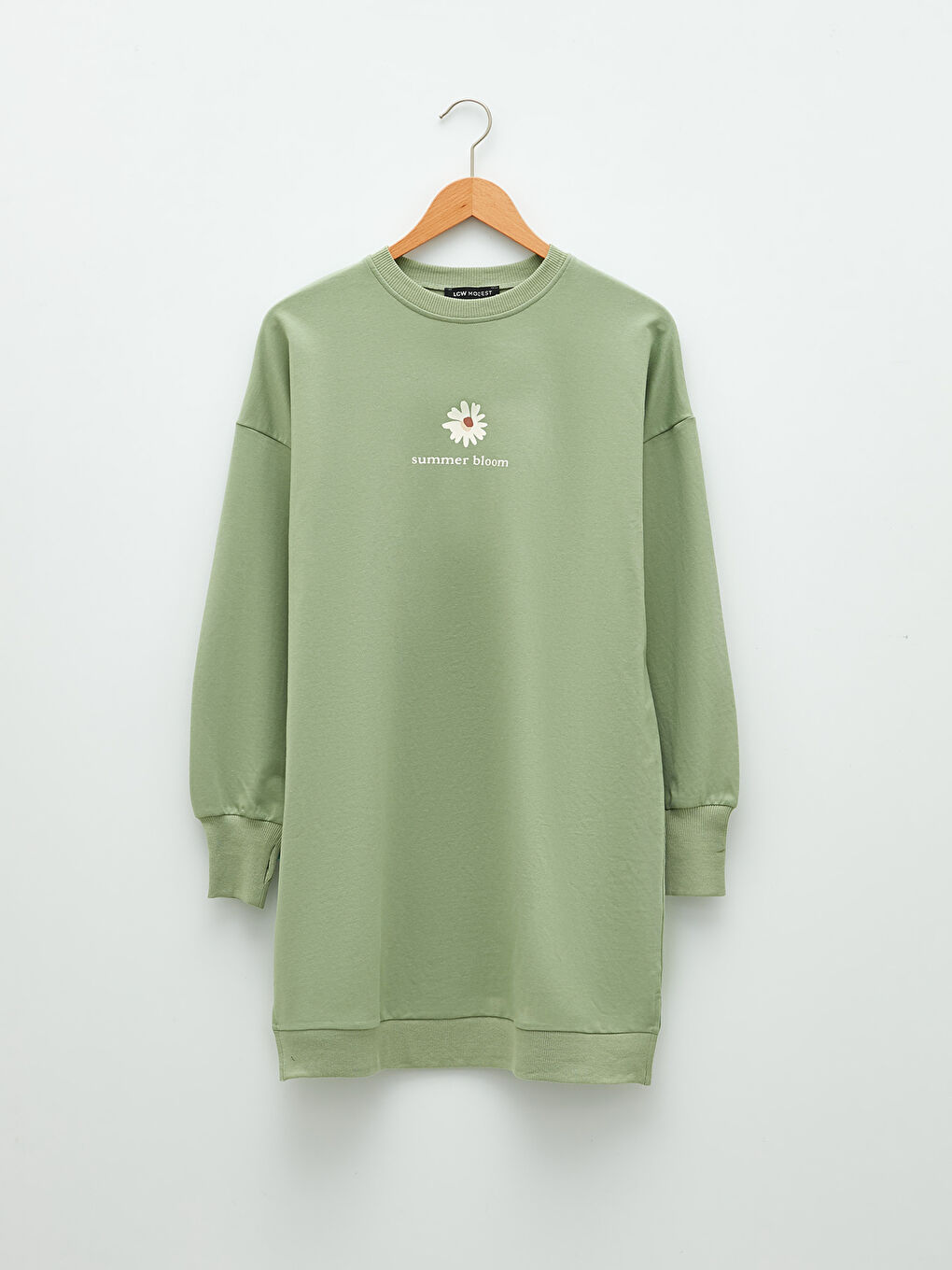 Yeşil Bisiklet Yaka Baskılı Uzun Kollu Kadın Sweatshirt Tunik-5