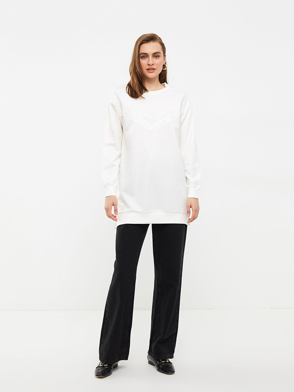 Суитшърт туника с кръгло деколте, бродиран, дълъг ръкав за жени