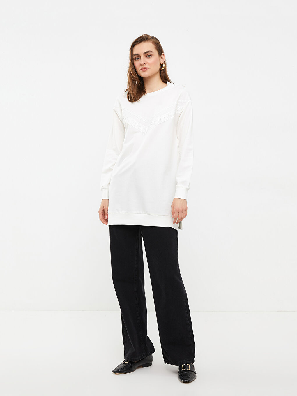 Суитшърт туника с кръгло деколте, бродиран, дълъг ръкав за жени-1