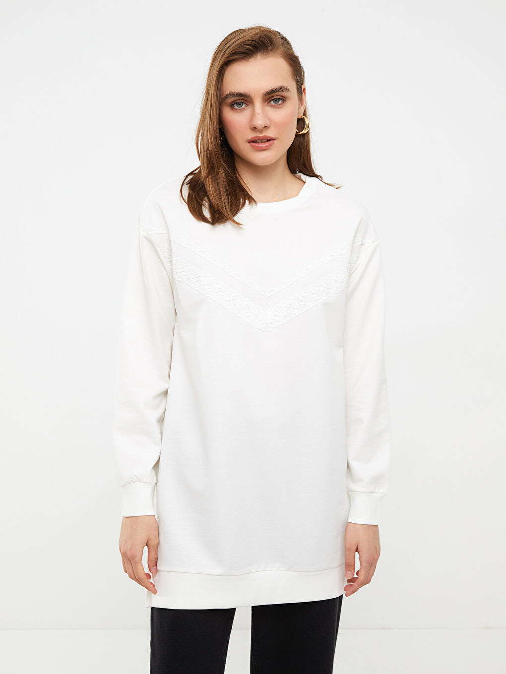 Суитшърт туника с кръгло деколте, бродиран, дълъг ръкав за жени-2