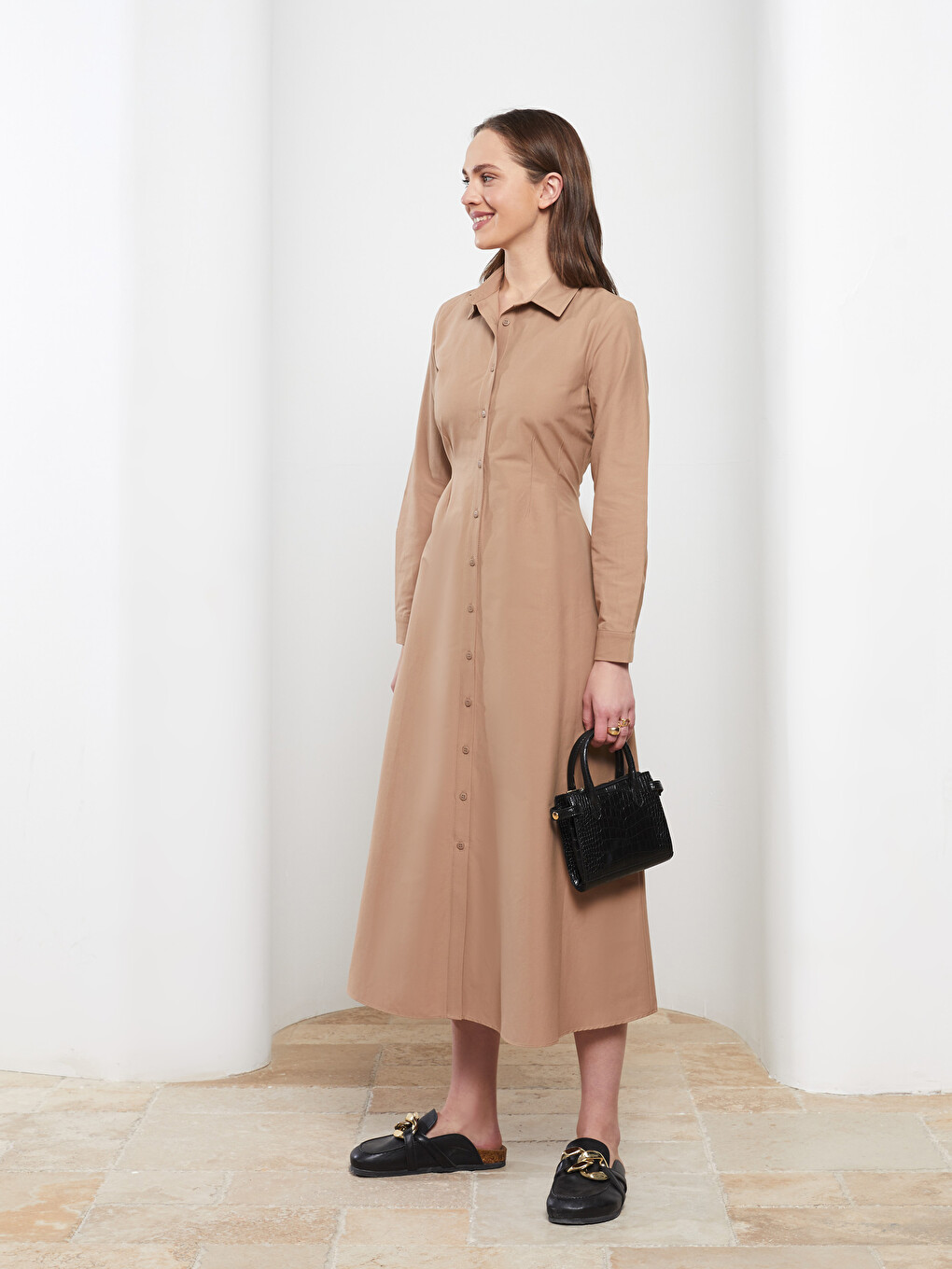 LCW Modest Front Button Closure Straight Long Sleeve Poplin