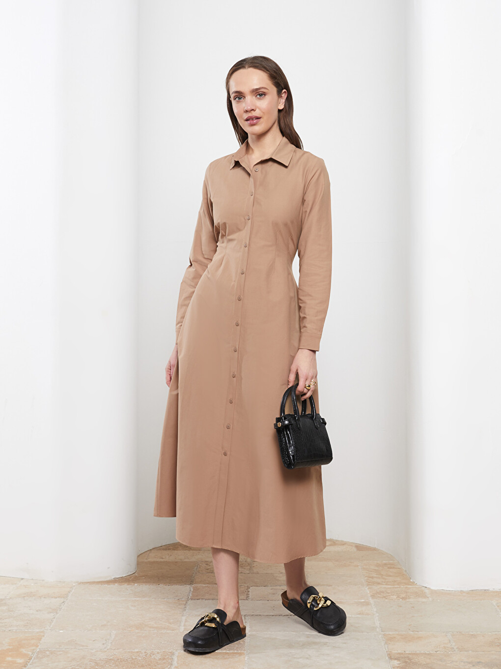 LCW Modest Front Button Closure Straight Long Sleeve Poplin