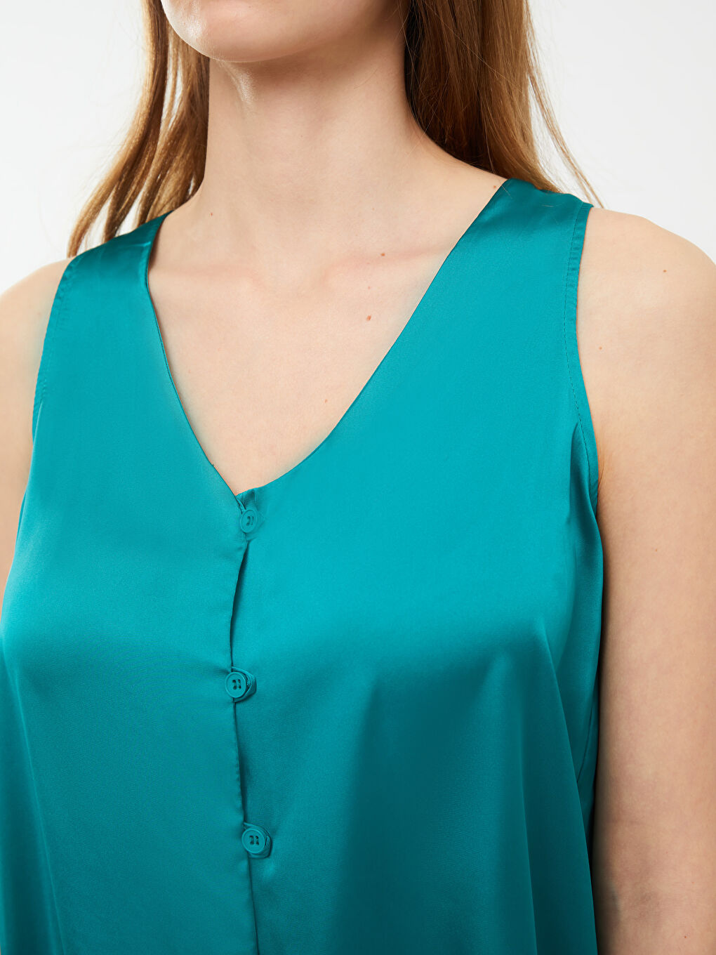 Turkuaz Kadın V Yaka Düz Pijama Takımı-2