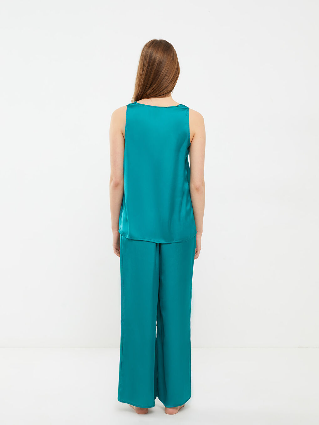 Turkuaz Kadın V Yaka Düz Pijama Takımı-3
