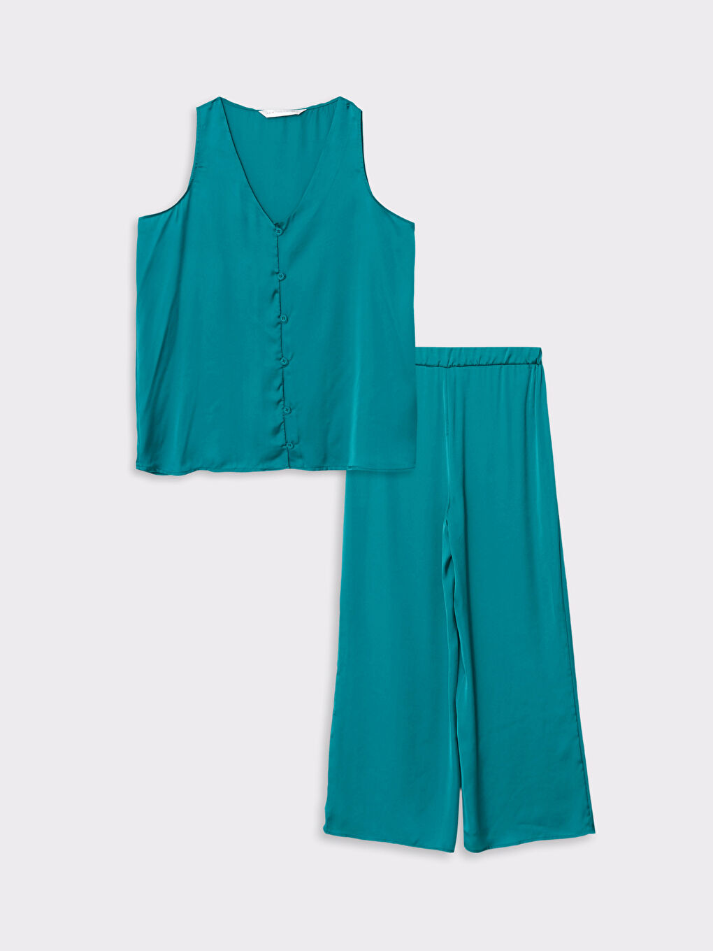 Turkuaz Kadın V Yaka Düz Pijama Takımı-4