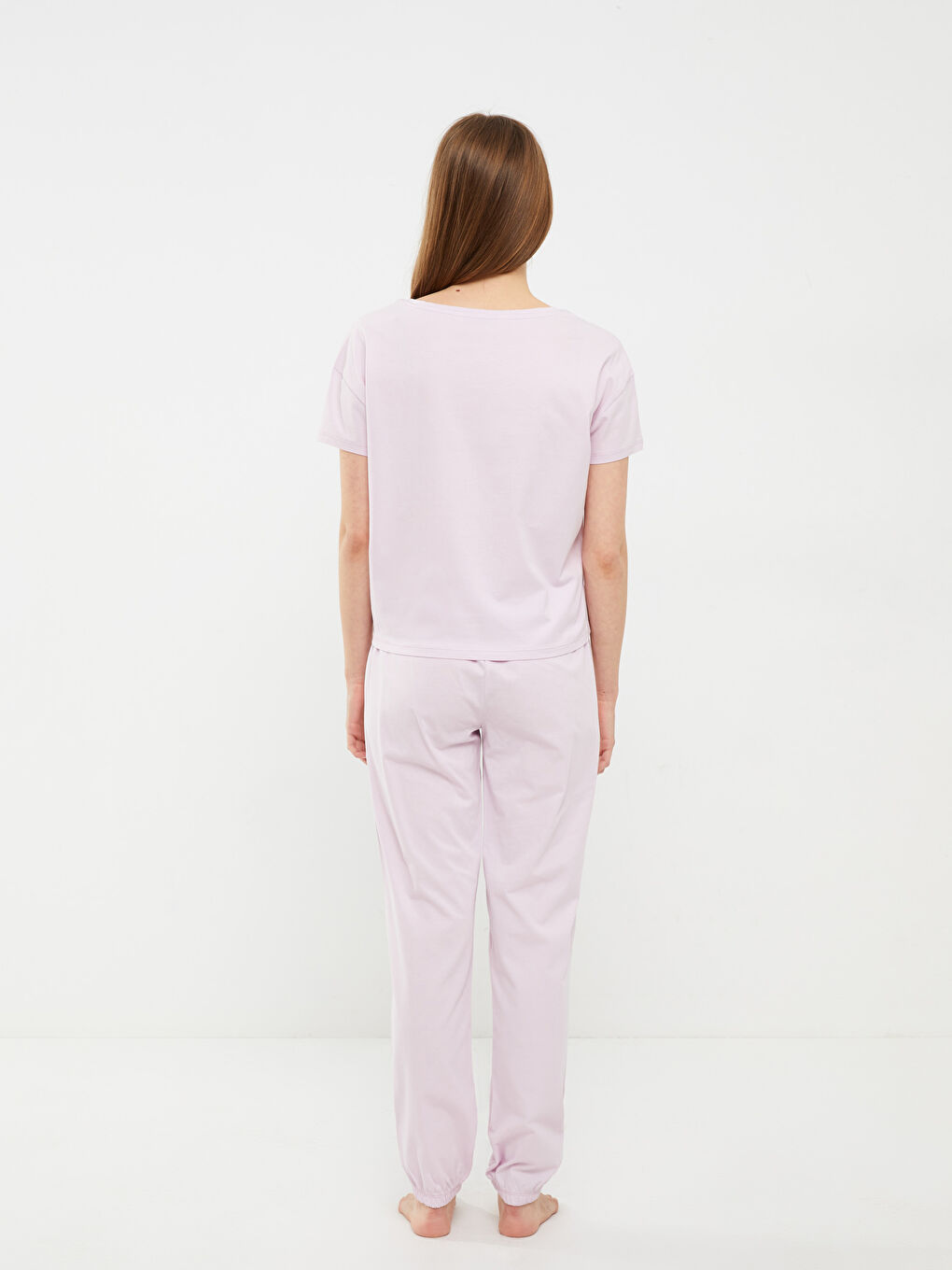 طقم بيجامة ياقة دائرية عادي كم قصير قطن للسيدات-3