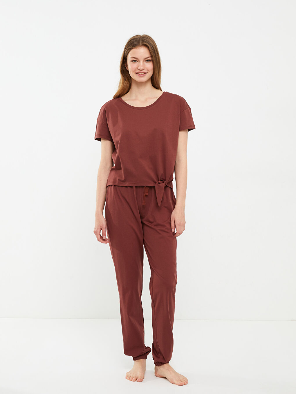 طقم بيجامة ياقة دائرية عادي كم قصير قطن للسيدات-2