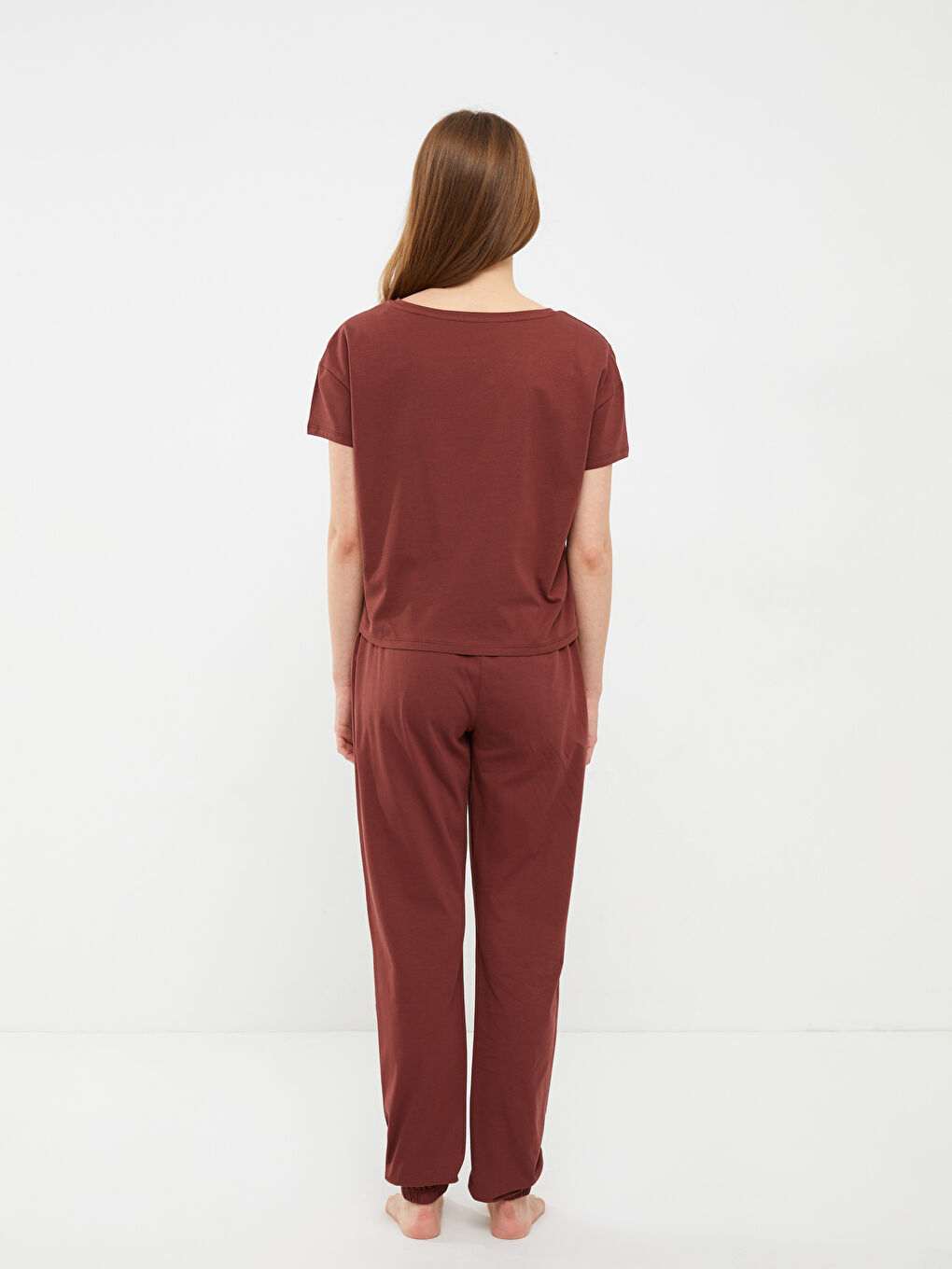 طقم بيجامة ياقة دائرية عادي كم قصير قطن للسيدات-4