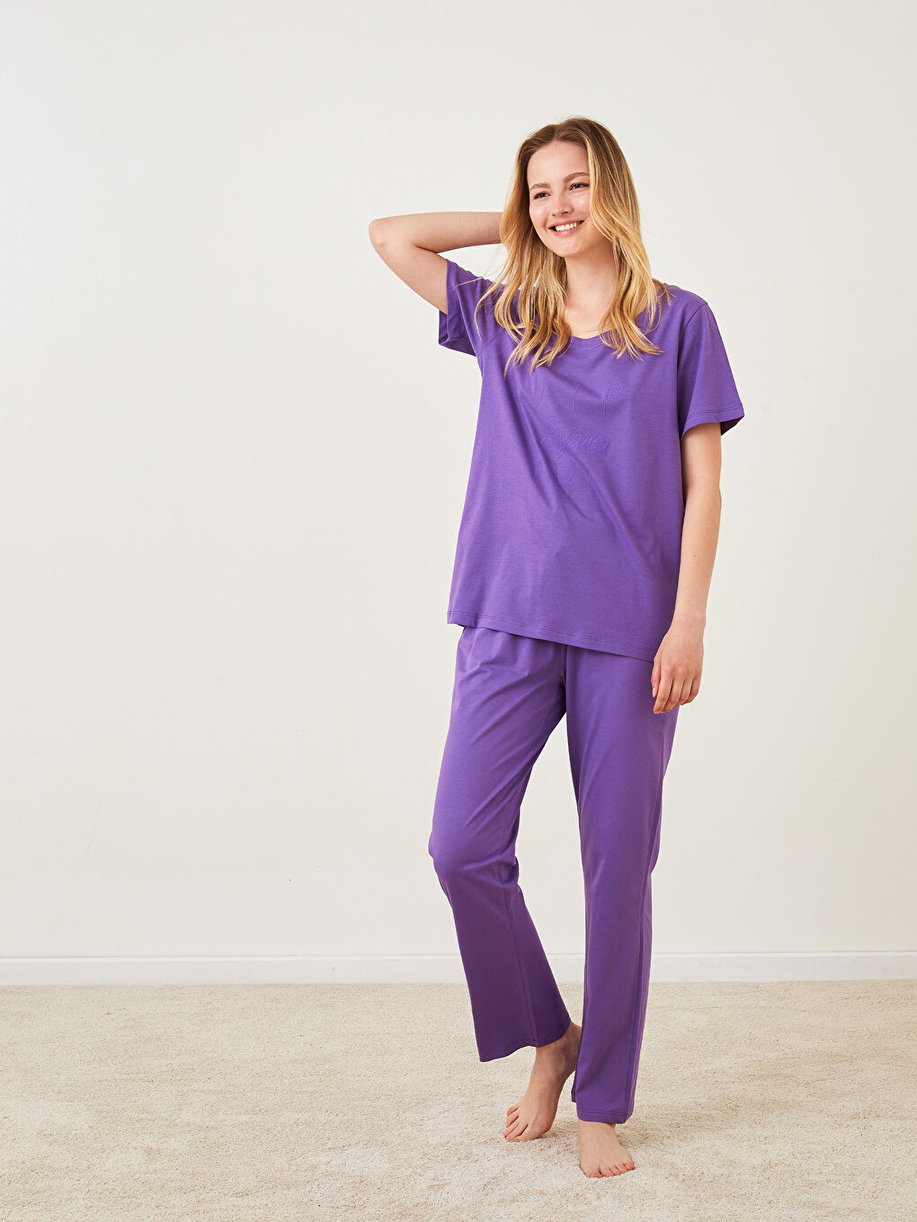 Ensemble de Pyjama en Coton à Manches Courtes Imprimé Col Rond pour Femmes-2