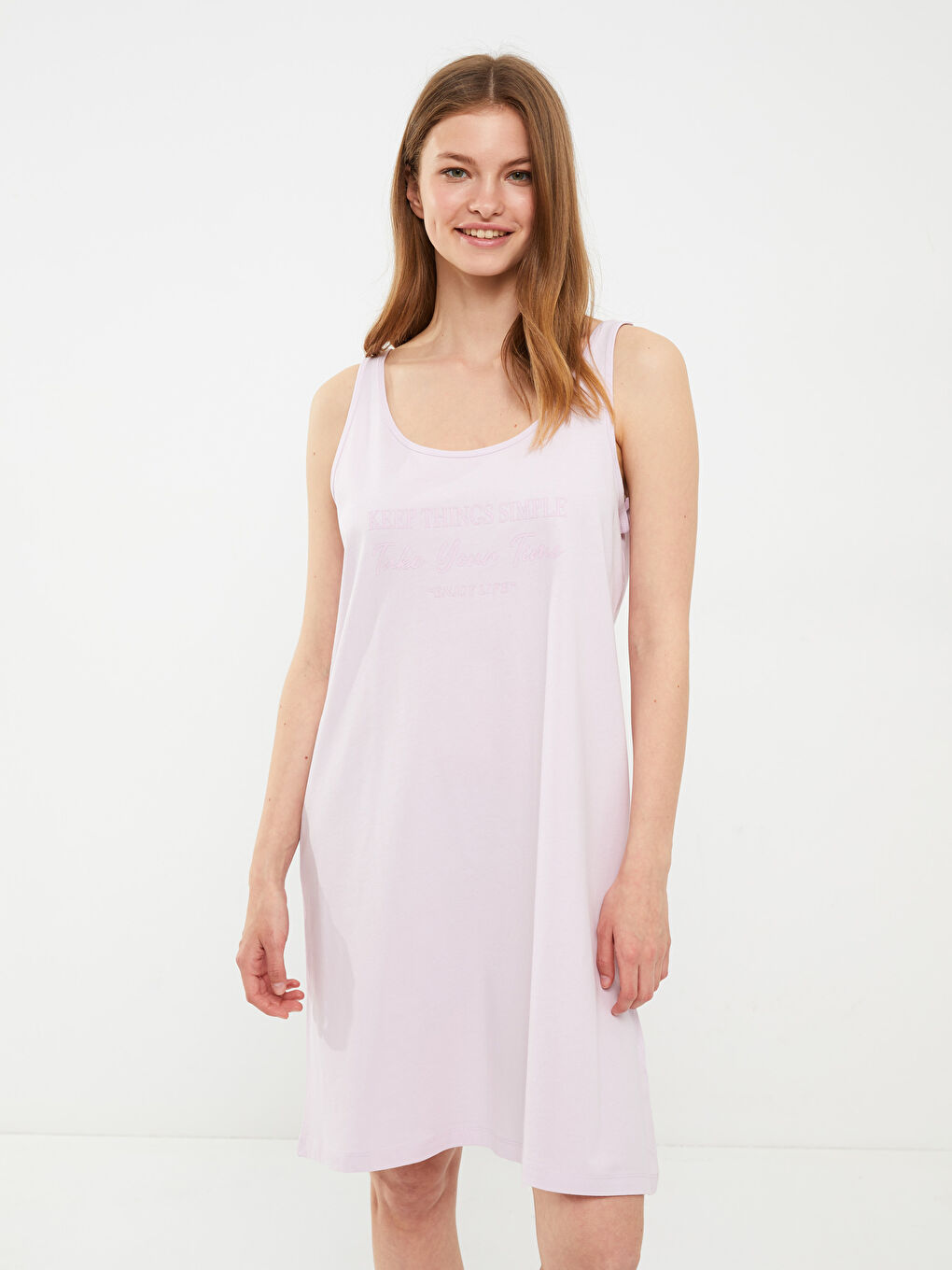 Lila U Yaka Baskılı Kolsuz Pamuklu Kadın Gecelik-2