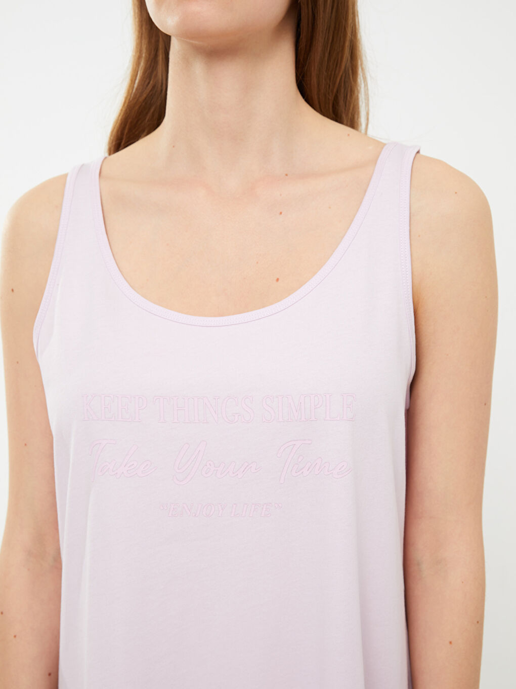 Lila U Yaka Baskılı Kolsuz Pamuklu Kadın Gecelik-3