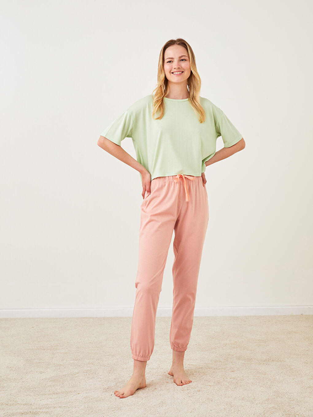 LCW DREAM Pembe Beli Lastikli Düz Pamuklu Kadın Jogger Pijama Alt