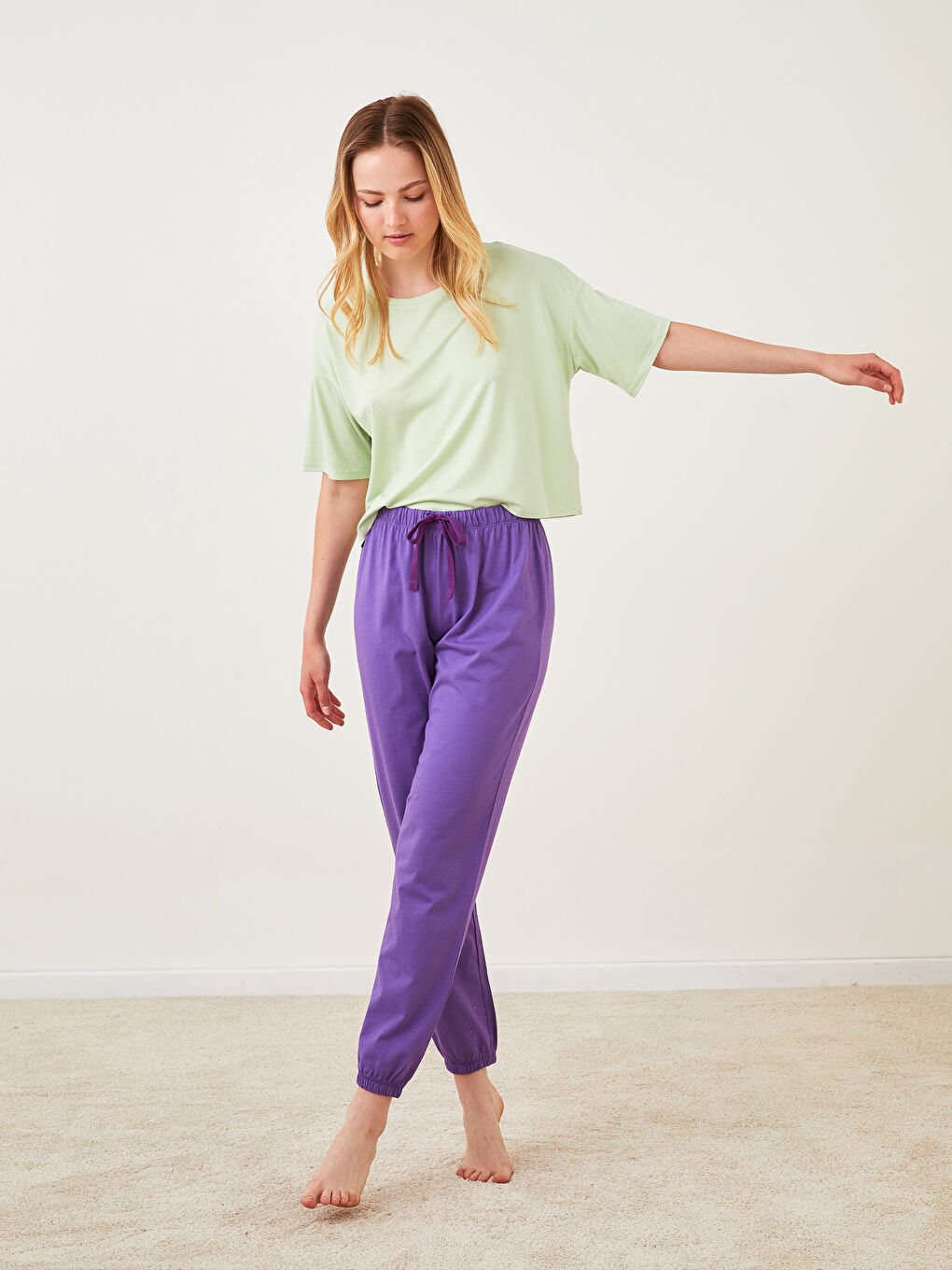 LCW DREAM Mor Beli Lastikli Düz Pamuklu Kadın Jogger Pijama Alt - 1